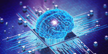 Concept image of artificial intelligence, a blue and purple brain attached to a circuit board