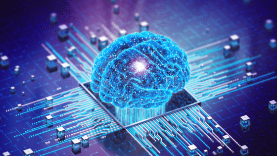 Concept image of artificial intelligence, a blue and purple brain attached to a circuit board