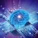 Concept image of artificial intelligence, a blue and purple brain attached to a circuit board