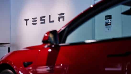 The Tesla Inc. logo at a Tesla Motors Japan store in Tokyo, Japan