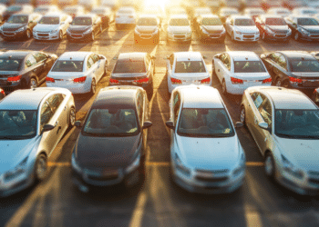 cars lined up on lot at sunset