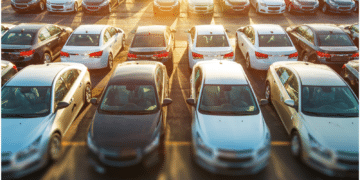 cars lined up on lot at sunset