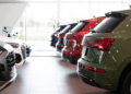 Cars lined up in a dealership