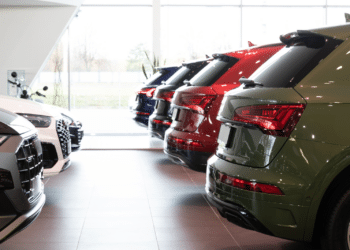 Cars lined up in a dealership