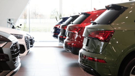 Cars lined up in a dealership