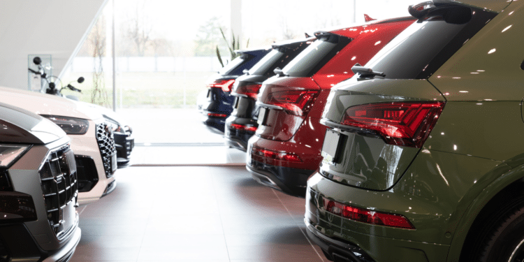 Cars lined up in a dealership
