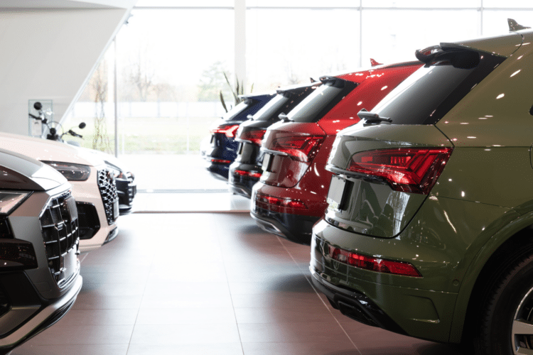 Cars lined up in a dealership