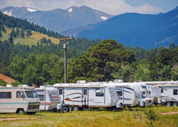 RVs lined up in a park in front of a mountain range