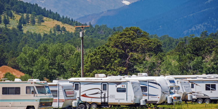 RVs lined up in a park in front of a mountain range