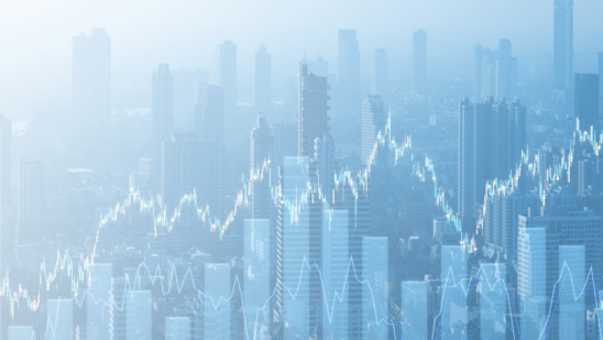 finance concept city with arrows