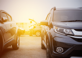 car dealership with sunset