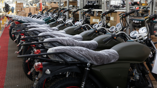 New motorcycles lined up in a dealer