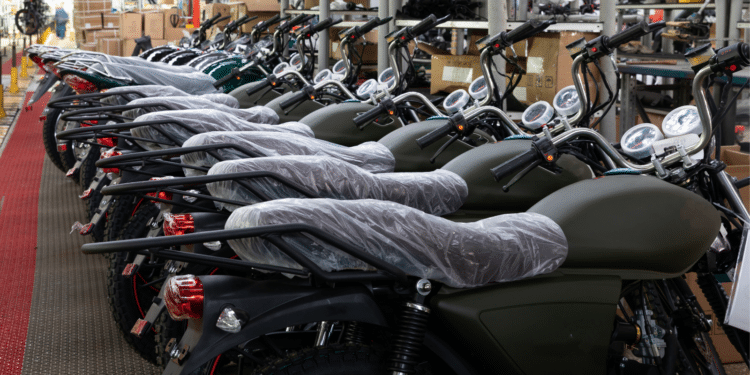New motorcycles lined up in a dealer