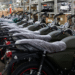 New motorcycles lined up in a dealer