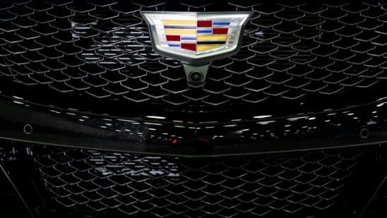 The grille of a 2024 Cadillac Escalade V sports utility vehicle (SUV) during the 2023 North American International Auto Show (NAIAS) in Detroit, Michigan