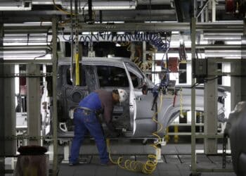 A worker on the assembly line at a car manufacturing facility in San Antonio, Texas.