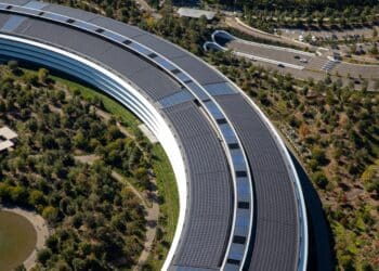 The Apple Park campus stands in this aerial photograph taken above Cupertino, California, U.S., on Wednesday, Oct. 23, 2019. Apple Inc. will report its fourth-quarter results next week, and based on the average analyst price target for the stock, Wall Street is feeling increasingly optimistic about the iPhone maker's prospects.