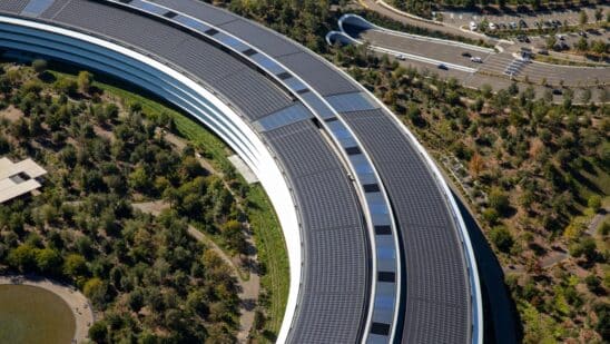 The Apple Park campus stands in this aerial photograph taken above Cupertino, California, U.S., on Wednesday, Oct. 23, 2019. Apple Inc. will report its fourth-quarter results next week, and based on the average analyst price target for the stock, Wall Street is feeling increasingly optimistic about the iPhone maker's prospects.
