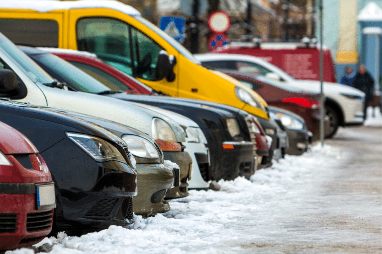 Cars parked along a street curb