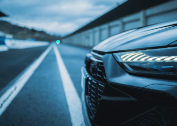 Side close up of car headlight and grill