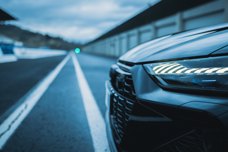 Side close up of car headlight and grill