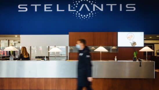 A Stellantis NV logo in the reception area of the automaker's technical center in Velizy-Villacoublay near Paris, France, on Monday, Jan. 18, 2021. Stellantis NV, the carmaker formed from the merger of Fiat Chrysler Automobiles NV and PSA Group, advanced in its first day of trading after completing a more than two-year effort to form one of the worlds largest vehicle manufacturers. Photographer: Cyril Marcilhacy/Bloomberg