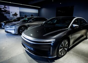 Lucid Air electric vehicles at the company's showroom in Tysons, Virginia.