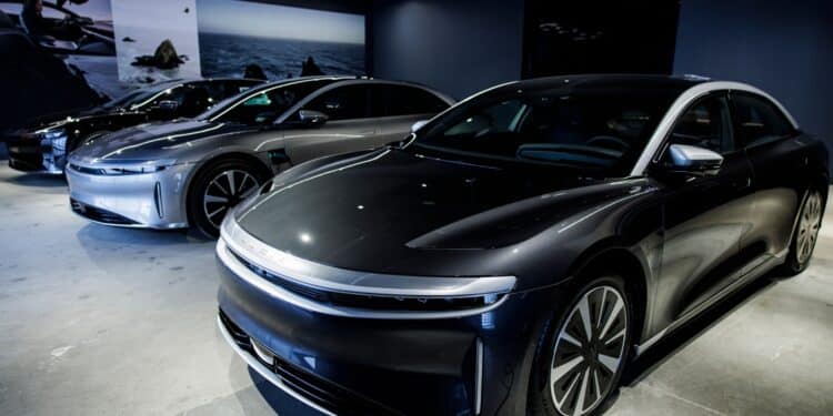 Lucid Air electric vehicles at the company's showroom in Tysons, Virginia.
