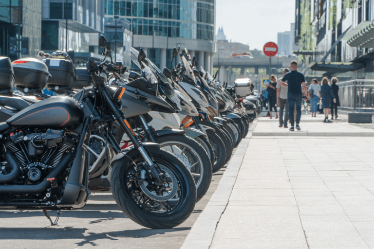 Motorcycles lined up along a curb