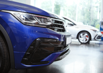 Close up of the front of a car in a dealership