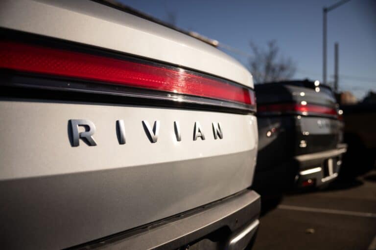 A Rivian electric pickup truck at a Rivian service center in New York City.