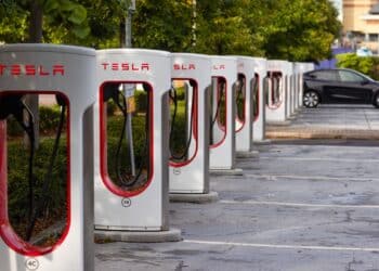 Electric vehicle supercharger charging points, operated by Tesla Inc., in Thurrock, UK. Photographer: Chris Ratcliffe/Bloomberg