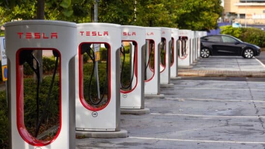 Electric vehicle supercharger charging points, operated by Tesla Inc., in Thurrock, UK. Photographer: Chris Ratcliffe/Bloomberg
