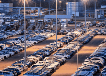 cars in packed lot at night with streetlights on