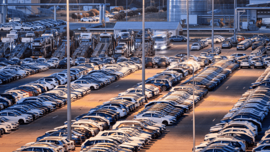 cars in packed lot at night with streetlights on