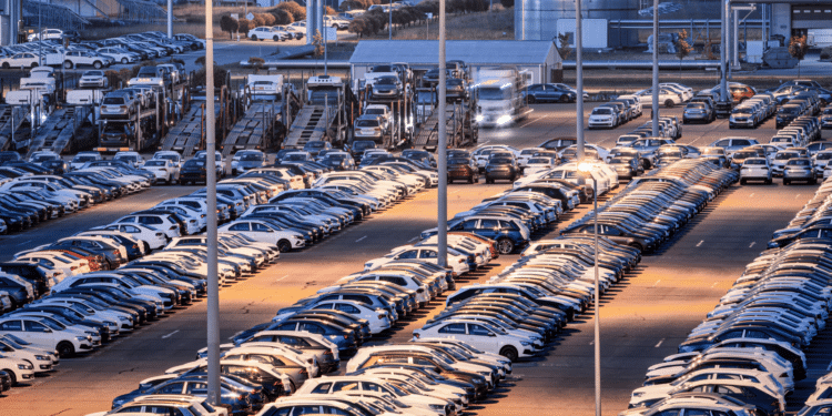 cars in packed lot at night with streetlights on