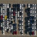 Aerial view of new cars at a seaport storage area in Germany.