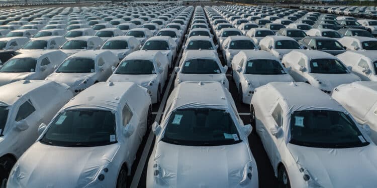 Geely Automobile Holdings Ltd.'s Zeekr electric vehicles bound for shipment to Europe at the Port of Taicang in Taicang, Jiangsu Province, China, on Thursday, Aug. 24, 2023. Geely, one of China's largest independent carmakers, posted first-half earnings that beat estimates, weathering a price war that continues to hit the industry. Bloomberg