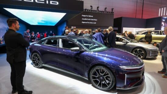 A Lucid Air Sapphire electric sports sedan at the Geneva International Motor Show in Geneva, in February. Photographer: Andrey Rudakov/Bloomberg