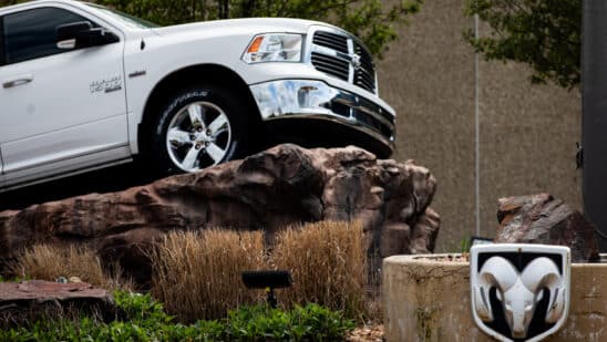 A truck displayed near an entrance to the Stellantis Warren Stamping Plant in Warren, Michigan, US, on Sunday, May 5, 2024. Roughly 1,000 members of the United Auto Workers (UAW) will vote May 6 on whether to authorize a strike at Warren Stamping Plant north of Detroit. Photographer: Emily Elconin/Bloomberg