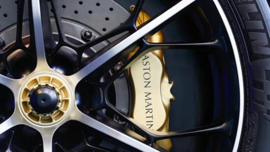 A brake detail on the Valhalla plug-in hybrid supercar, manufactured by Aston Martin Lagonda Global Holdings Plc, during its reveal event in Silverstone, U.K., on Thursday, July 15, 2021. The 950-horsepower plug-in hybrid, boasting futuristic lines and a distinct front, will be the middle child of Aston Martin's mid-engine sports car line, priced below the 2.5 million-pound ($3.5 million) Valkyrie and above the Vantage. Photographer: Darren Staples/Bloomberg