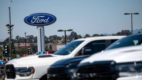 Ford signage at a dealership in Richmond, California, US, on Friday, June 21, 2024. CDK Global, a software provider to some 15,000 car dealers, was waylaid by debilitating cyberattacks this week that have had a crippling effect on the auto sales industry. Photographer: David Paul Morris/Bloomberg