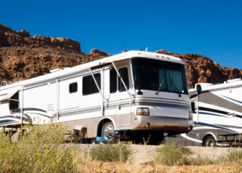 rvs parked by mountain road