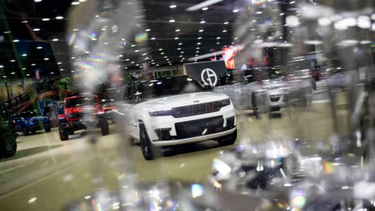 Jeep vehicles at the company's booth during the 2025 Detroit Auto Show in Detroit, Michigan, US, on Friday, Jan. 10, 2025. The event opens to the public on January 11 and runs through January 20th. Photographer: Emily Elconin/Bloomberg