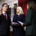 Bernie Moreno, left, during a swearing-in ceremony with his wife Bridget Moreno and Kamala Harris on Jan. 3. Photographer: Alex Wong/Getty Images