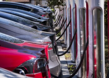 Tesla Inc. vehicles stand at a Tesla Supercharger station in Concord, California, U.S., on Thursday, Oct. 10, 2019. Before PG&E Corp.s massive blackout swept across Northern California, Tesla issued a politely worded but urgent message to its many area customers: charge up your car, now.