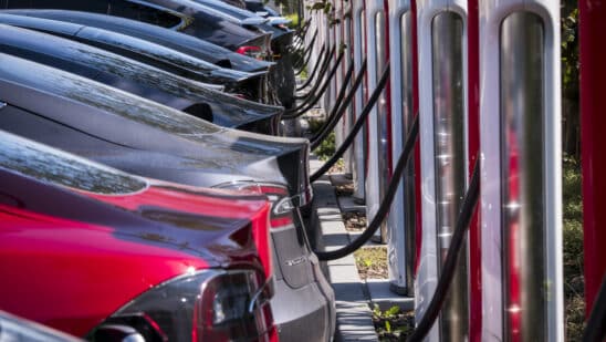 Tesla Inc. vehicles stand at a Tesla Supercharger station in Concord, California, U.S., on Thursday, Oct. 10, 2019. Before PG&E Corp.s massive blackout swept across Northern California, Tesla issued a politely worded but urgent message to its many area customers: charge up your car, now.