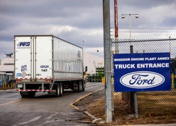 A truck enters the Ford Windsor Engine Plant in Windsor, Ontario, Canada, on Tuesday, Feb. 4, 2025. US President Donald Trump's proposed tariffs against Canada and Mexico would threaten production at automakers across North America and send record vehicle prices even higher, with about a quarter of a trillion dollars in trade that would be disrupted. Photographer: Emily Elconin/Bloomberg