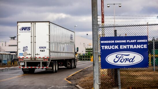 A truck enters the Ford Windsor Engine Plant in Windsor, Ontario, Canada, on Tuesday, Feb. 4, 2025. US President Donald Trump's proposed tariffs against Canada and Mexico would threaten production at automakers across North America and send record vehicle prices even higher, with about a quarter of a trillion dollars in trade that would be disrupted. Photographer: Emily Elconin/Bloomberg