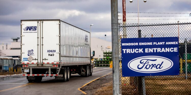 A truck enters the Ford Windsor Engine Plant in Windsor, Ontario, Canada, on Tuesday, Feb. 4, 2025. US President Donald Trump's proposed tariffs against Canada and Mexico would threaten production at automakers across North America and send record vehicle prices even higher, with about a quarter of a trillion dollars in trade that would be disrupted. Photographer: Emily Elconin/Bloomberg